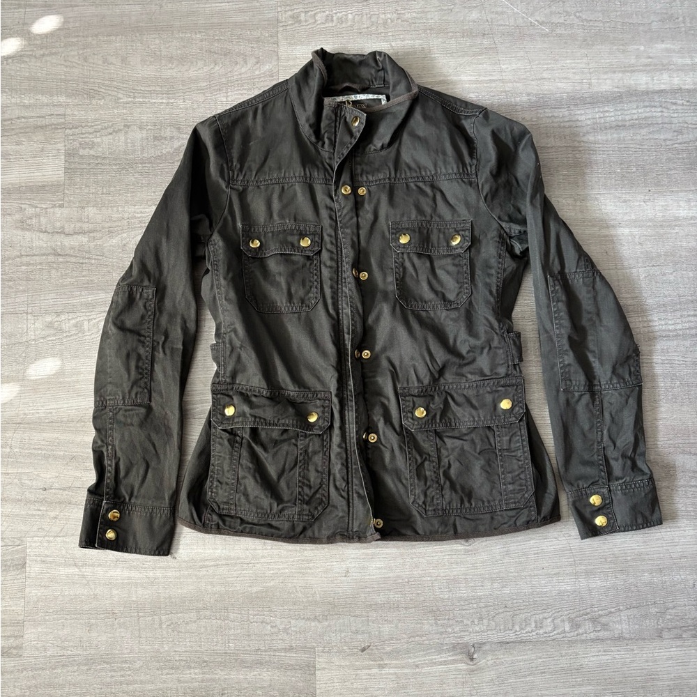 J. CREW Women’s Medium Field Jacket Gray Olive Green Gold Snaps Chore Winter